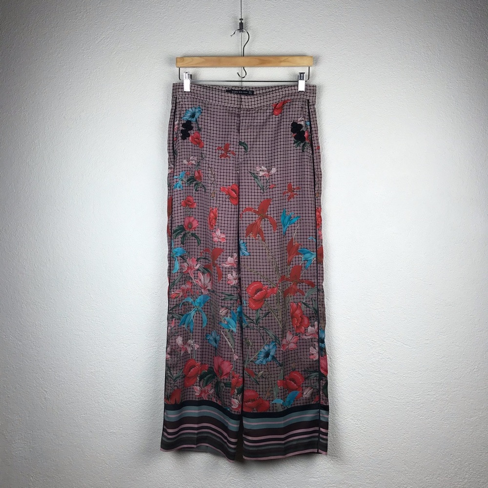 Zara Woman l M Oriental Floral Striped Bohemian High Waist Palazzo Trouser Pants